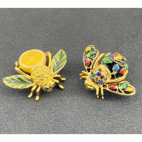 Joan Rivers Bee Brooch Pins, Enamel Rhinestones Set of 2, Holiday, Lemon - Picture 1 of 5